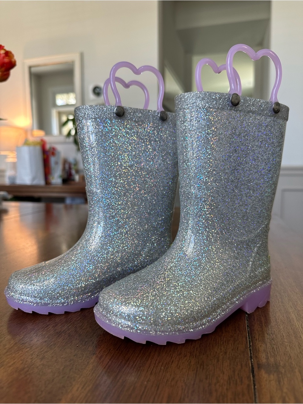 Western Chief Silver Glitter Toddler Rain Boots with Purple Heart Handles